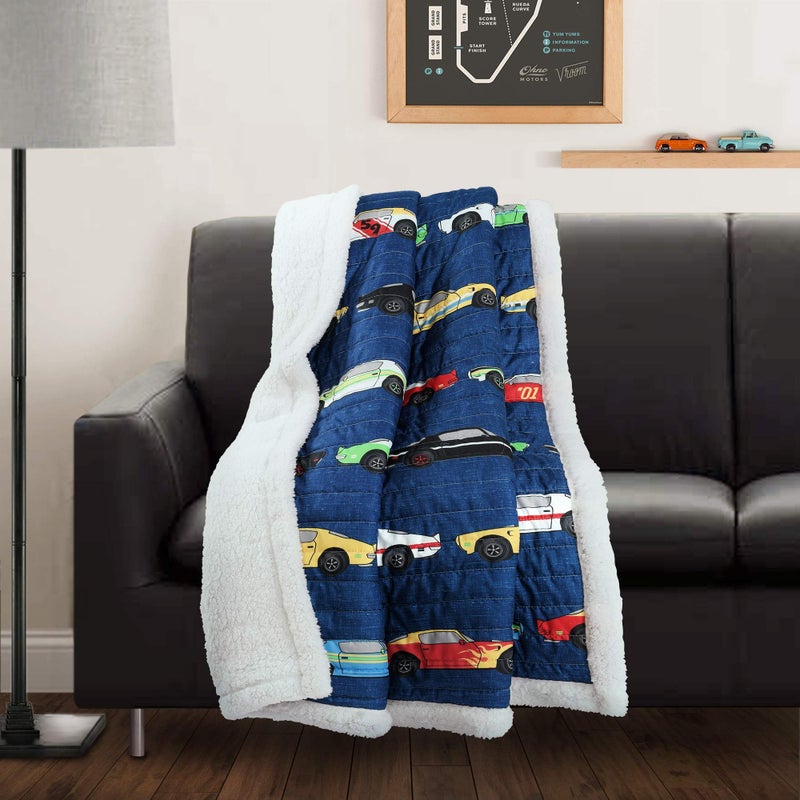 Lush Decor Cars Throw | Fuzzy Reversible Sherpa Blanket with Racing Print Design for Kids-60â€ x 50, Navy - Image 1